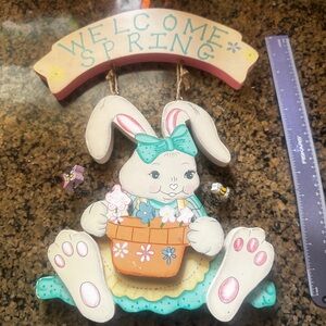Welcome Spring Bunny Wall Hanging - Pastel Bunny with Flower Pot made of wood